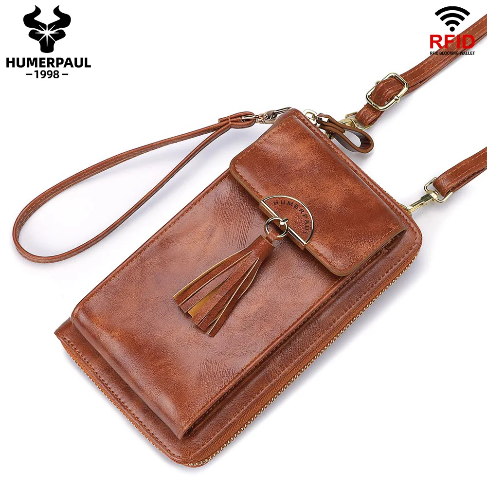 Miękka skórzana damska torba na ramię z kieszenią na telefon komórkowy RFID Blokowanie kobiecych portfeli na karty Sprzęgło Fashion Lady Crossbody Tote Bag