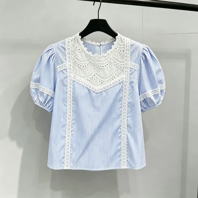 

French Style Lace Embroidery Hollow out Bubble Sleeve Short Sleeve Shirt Women's Summer New Fashion Korean Version Top