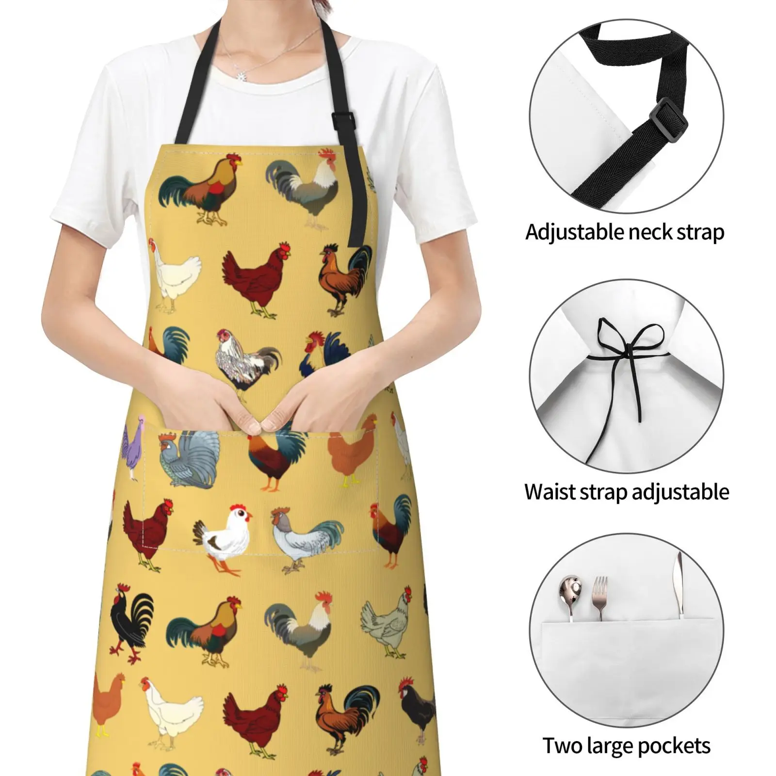 Cute Rooster Apron Chicken Aprons for Women with 2 Pockets Funny Animal Aprons Unisex Kitchen Bib for Cooking Baking Gardening