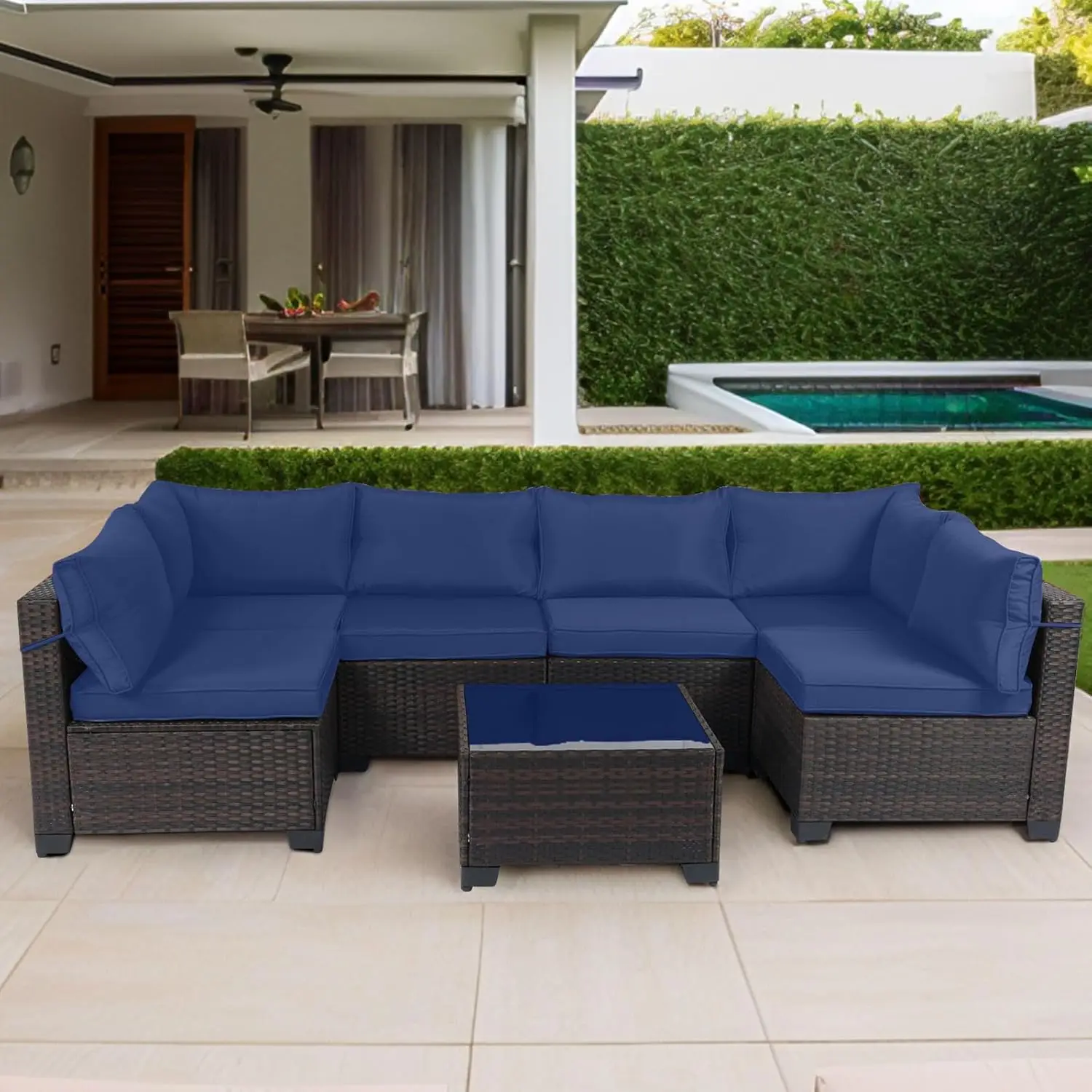 

7 Piece Outdoor Patio Rattan Sectional Conversation Sofa Set with Tea Table, Weather Resistant Cushions, Customized