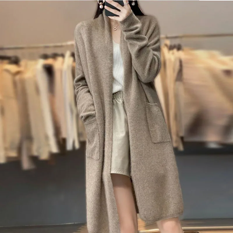 

Elegant Women Wool Cardigan Sweater Casual Loose Pocket V-Neck Long Sleeve Sweater 2023 New Autumn Winter Fashion Long Sweater