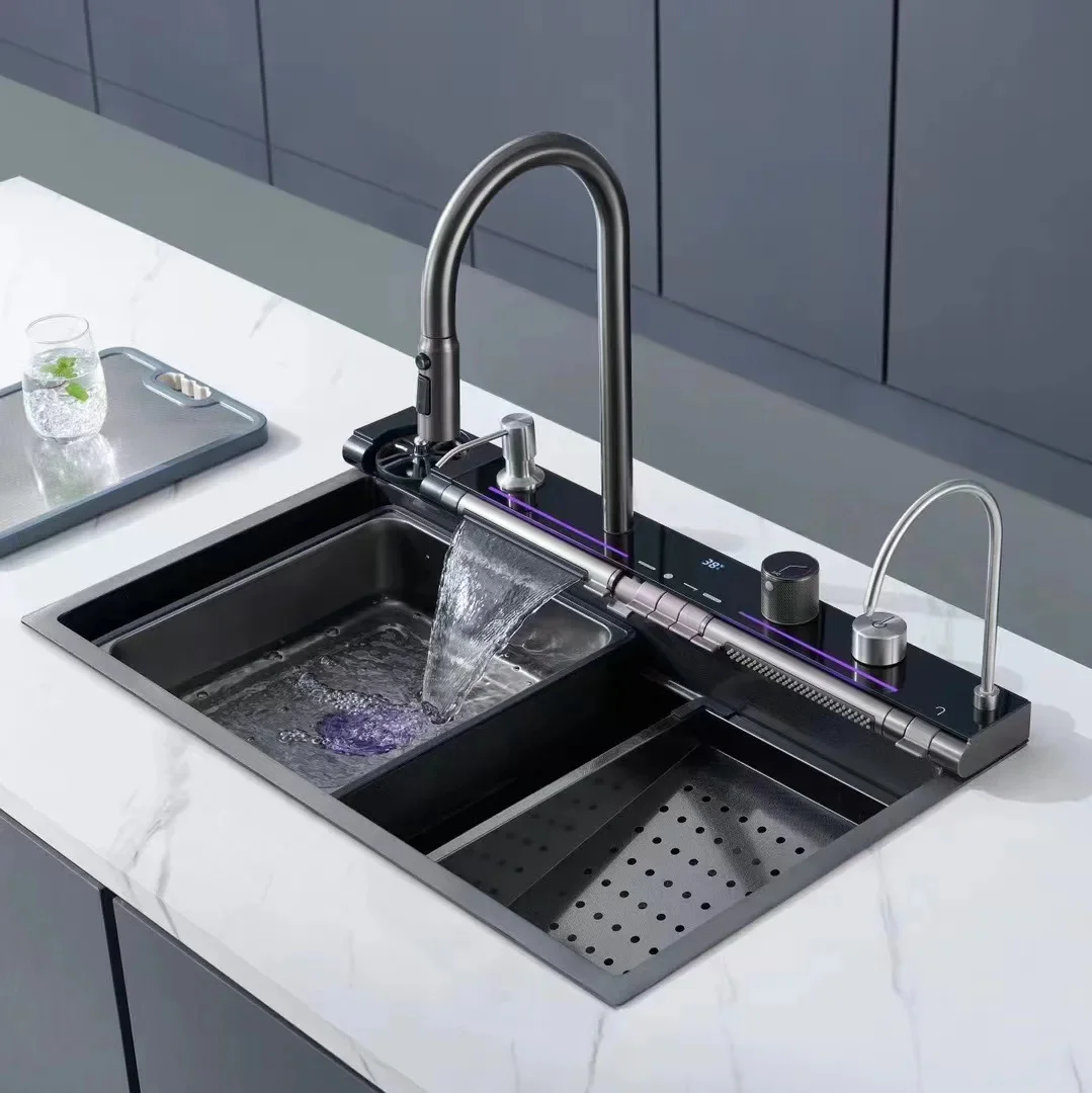 Imagem -02 - Cachoeira Kitchen Sink Slot Único Grande Integrado Digital Display Faucet Grupo Saboneteira Lavadora de Copos 304 Aço Inoxidável