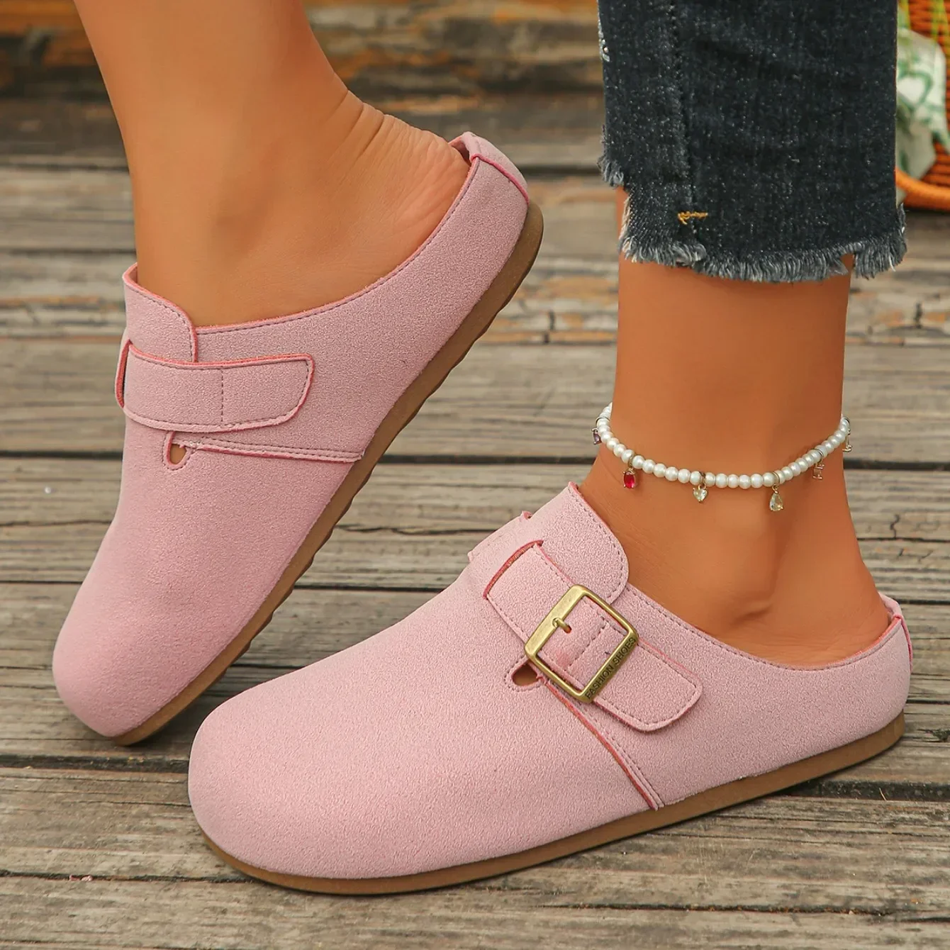 Modische Damen Wildleder-Mules Hausschuhe 2026 Damen Clogs mit Korksohle Sandalen mit Fußgewölbestütze Outdoor-Strand-Slides Hausschuhe für Damen – Detail 5