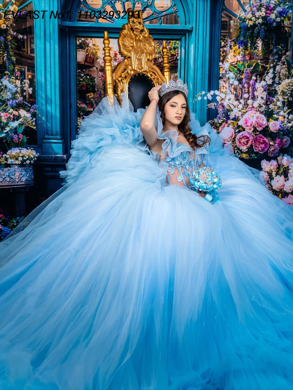 فستان Quinceanera لامع باللون الأزرق السماوي مخصص من EVLAST فستان حفلة مزين بالدانتيل مطرز بالخرز متدرج حلو 16 فيستدوس دي 15 أنوس E1QN511