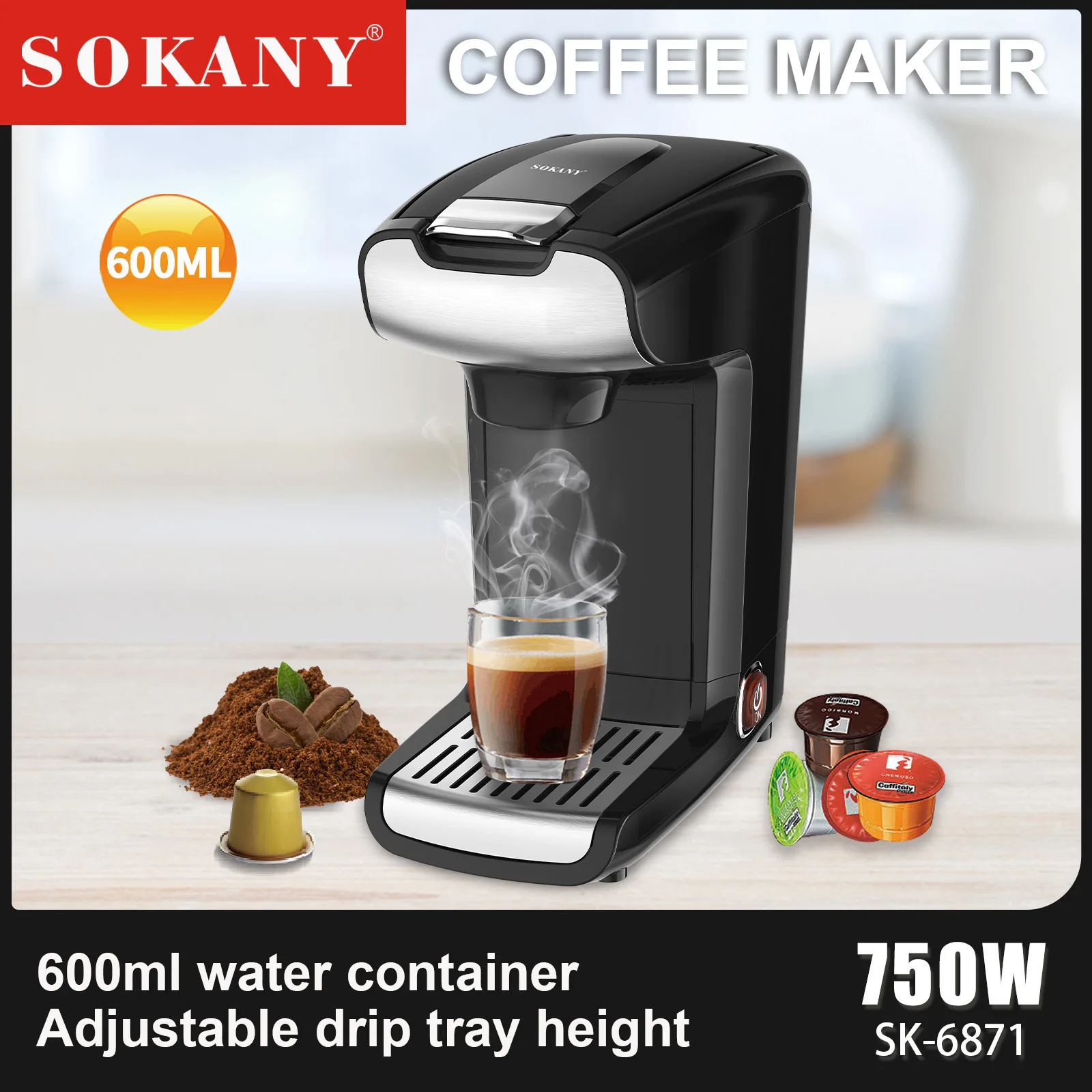 Houselin Coffee Maker, 600Ml Large Capacity, Strong Button Feature, Easyto disassemble and clean, Black,750W