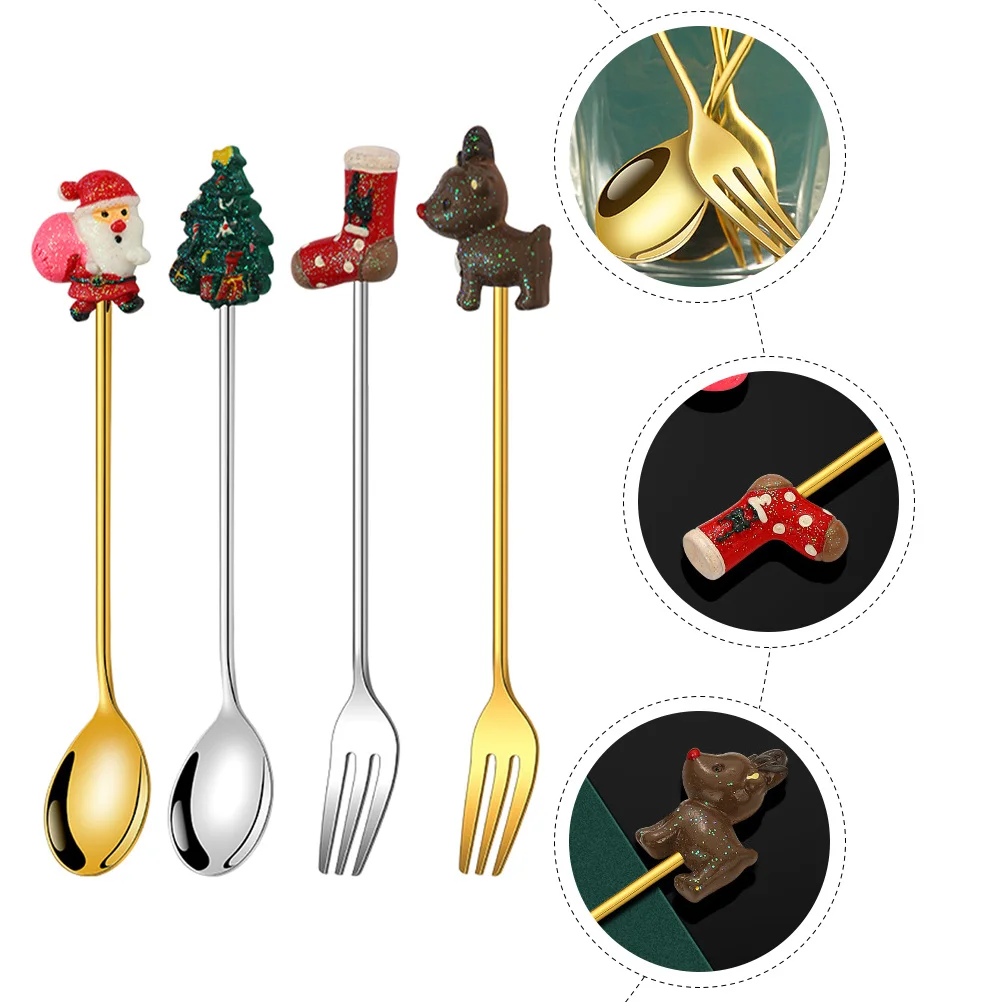 

1Set Christmas Cutlery Kit Stainless Steel Spoon Fork Set Coffee Fruit Stirring Dessert Teaspoon Party Tableware Kitchen
