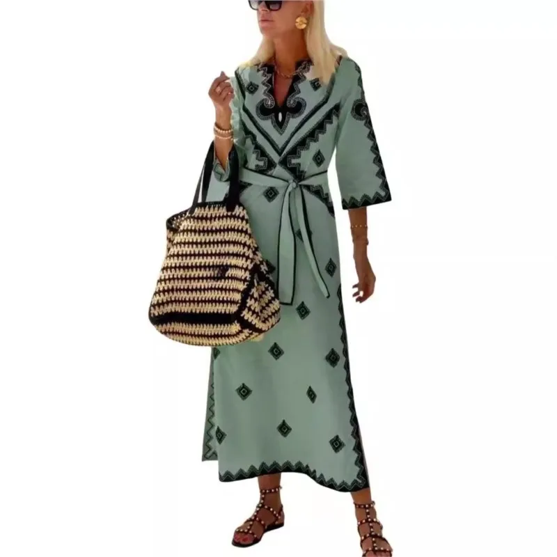 2025, dames lente herfst nieuwe modieuze bedrukte tailleband riem casual losse riem retro vijf minuten mouw lange jurk