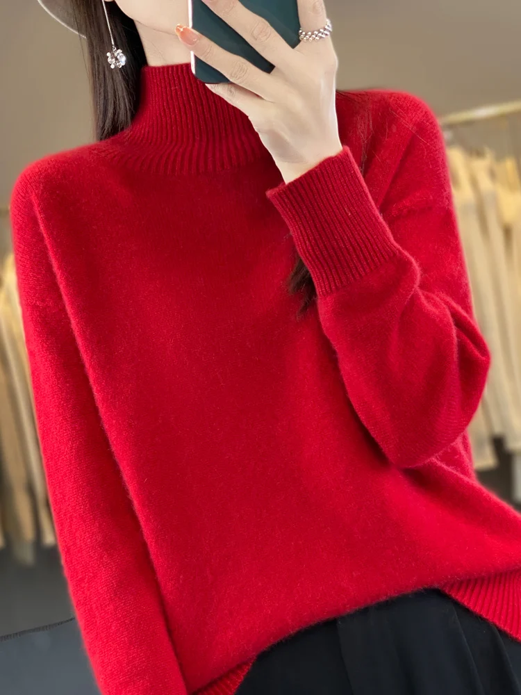 100% Merino Wool Women Loose Sweater Mock-neck Pullover Autumn Winter Thick Long Sleeve Cashmere Knitted Clothes Korean Fashion