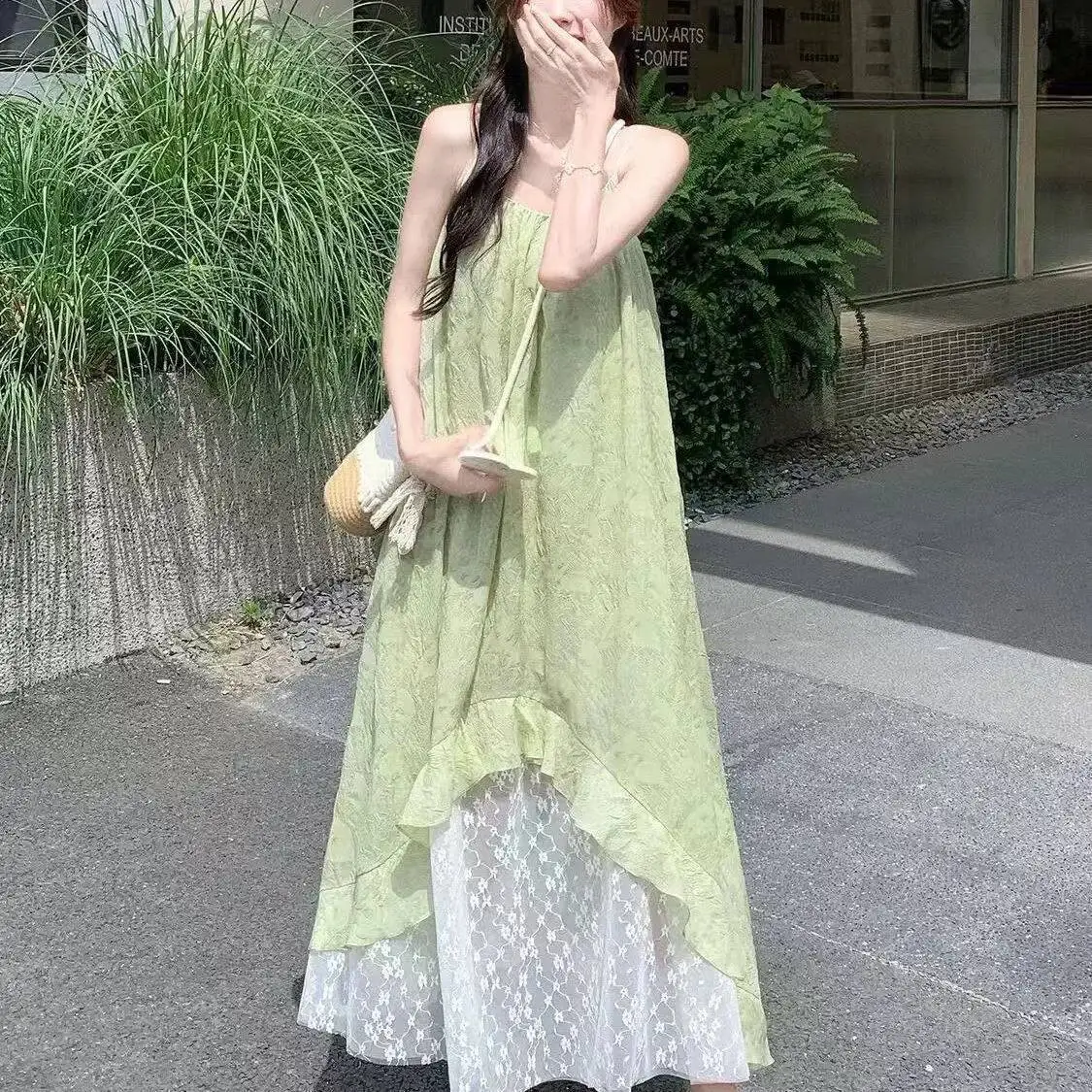 Abito estivo nuovo con cinturino floreale verde stile francese da donna bella vacanza al mare gonna lunga con giunture in pizzo elegante vita ampia