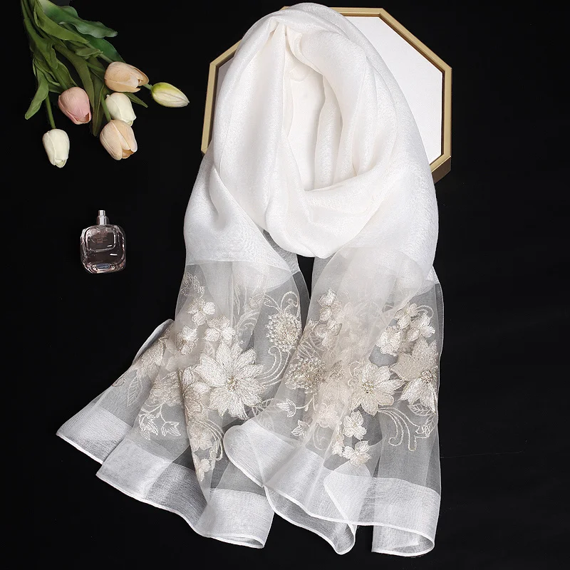 

2024 Luxury Silk Shawl Scarf for Women Design Embroidery Flowers Hijab Wraps Bufandas Female Headkerchief Fouloud Echarpe