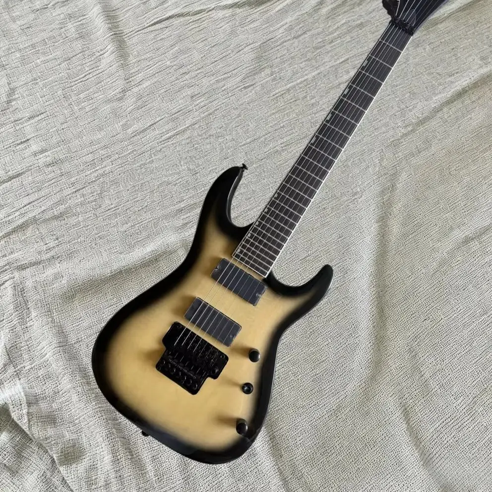 7 String Solid Body Electric Guitar, Natural Black Burst Finish, Dual Humbuckers, Double Locking Tremolo