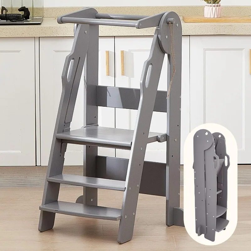 Foldable Kitchen Step Stool Montessori Child Standing  Easy to Assemble, CPC Approved - Grey