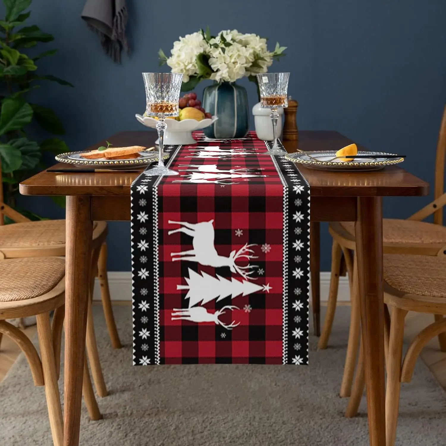 Christmas Snowflake Elk Red Black Plaid Linen Table Runner Party Decor Winter Xmas Dining Table Runner Christmas Decorations