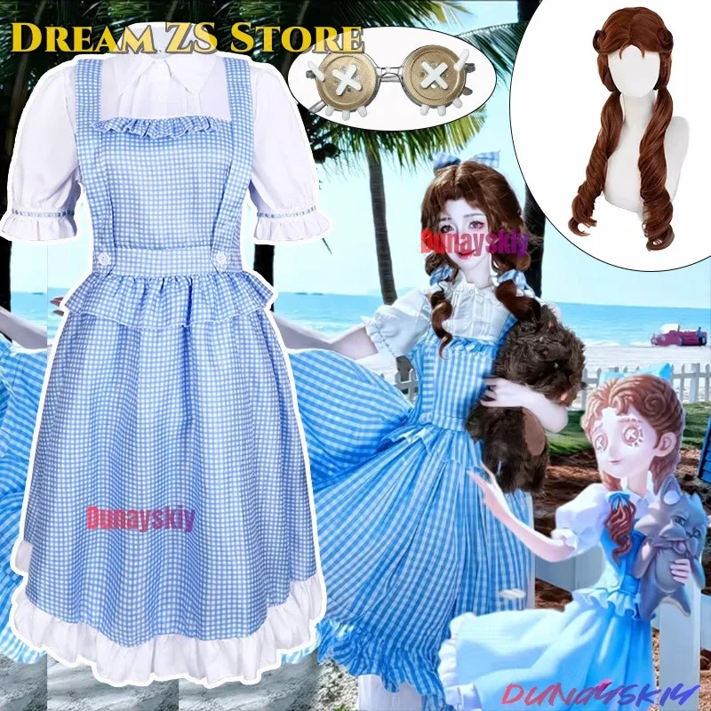 

XT8Identity Ⅴ Cosplay Costumes For Little Girl Blue Lattice Lolita Rustic Style Women's Dresses Dorothy Role-playing Wig ShXT6@!