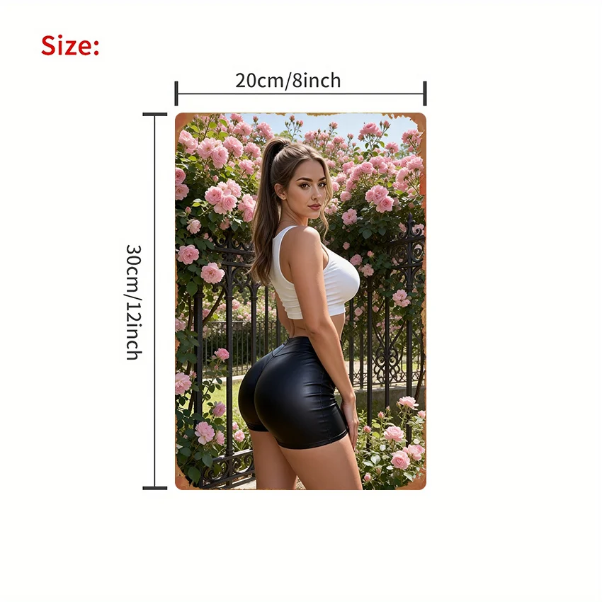 Vintage Casual Curvy Woman Metal Tin Sign - Retro Chic Girl with High Ponytail in White Ribbed Crop Top & Black Leather Shorts,