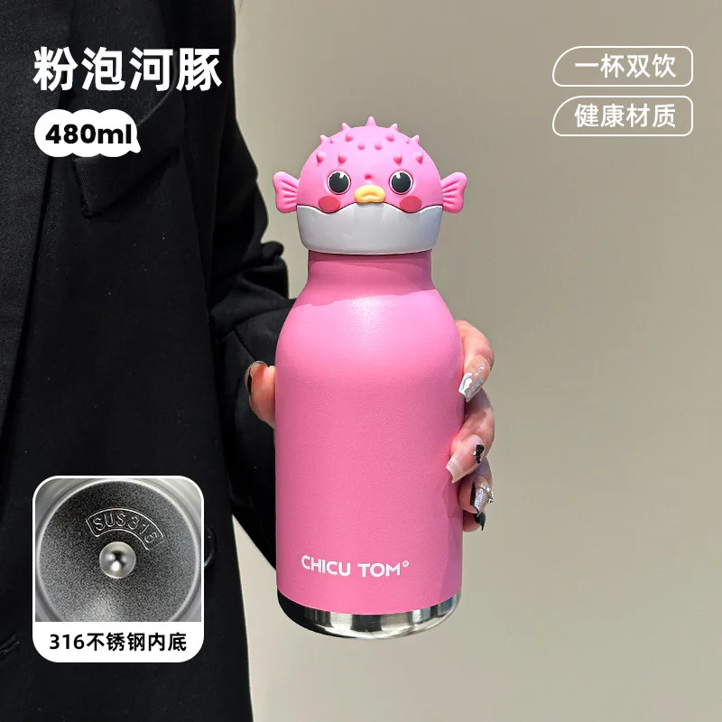 Kids Cute Animal Thermos 480ml Stainless Steel Straw Water Bottle For School Outdoor Travel view 3