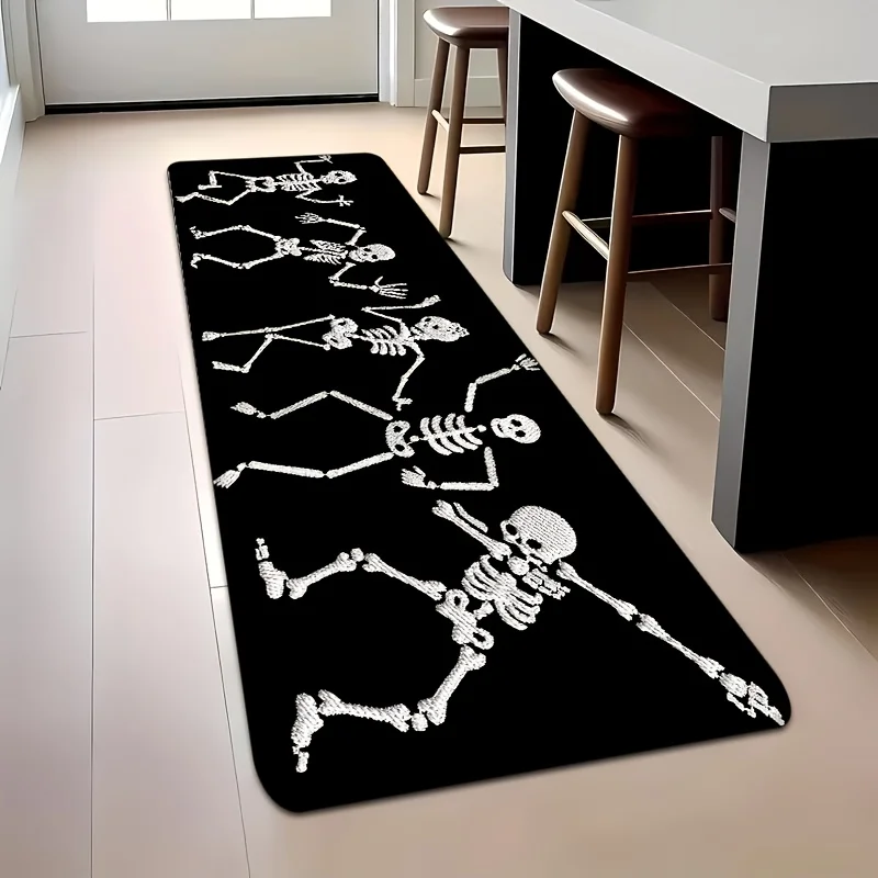 VIKAMA Dancing Skeleton Runner Rug Halloween Decor Non Slip Long Floor Mat Black White Pattern Kitchen Hallway Entryway Carpet
