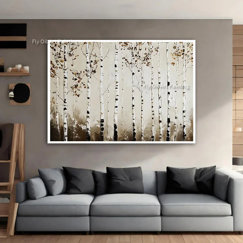 Hand Pianted Brown And White Abstract Brich Forest Landscape Thick Canvas Oil Painting Large Tree View Wall Art For Home Decor