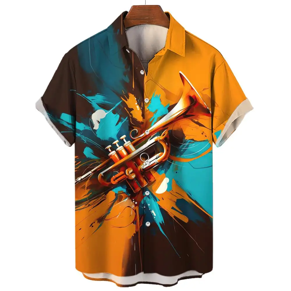 Summer Hawaiian Shirts For Men Music Guitar Printed Tops Clothing Fashion Casual Oversized Collar Rock And Roll Blouses