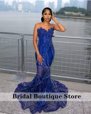 Glitter Royal Blue Mermaid Prom Dress 2025 Crystal Rhinestones Gems Bead Birthday Party Evening Gown Customized