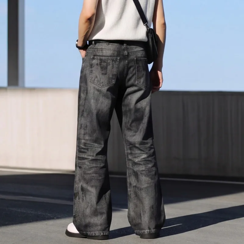 Loose Black Straight Leg Men's Slightly Flared Black Jeans Coated New American Retro Casual Niche Denim Long Pants