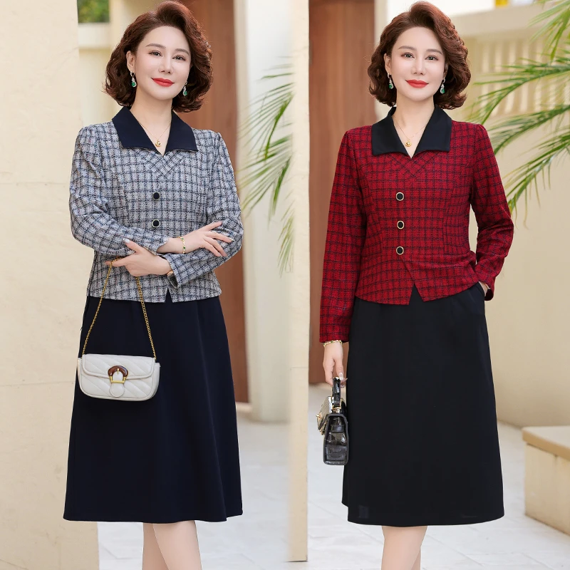 ใหม่ High End ตารางผ้าฤดูใบไม้ผลิชุดคอยาวแขนยาวชุดผู้หญิงใหม่ฤดูใบไม้ร่วงแม่อารมณ์ปลอม 2 ชิ้นชุด