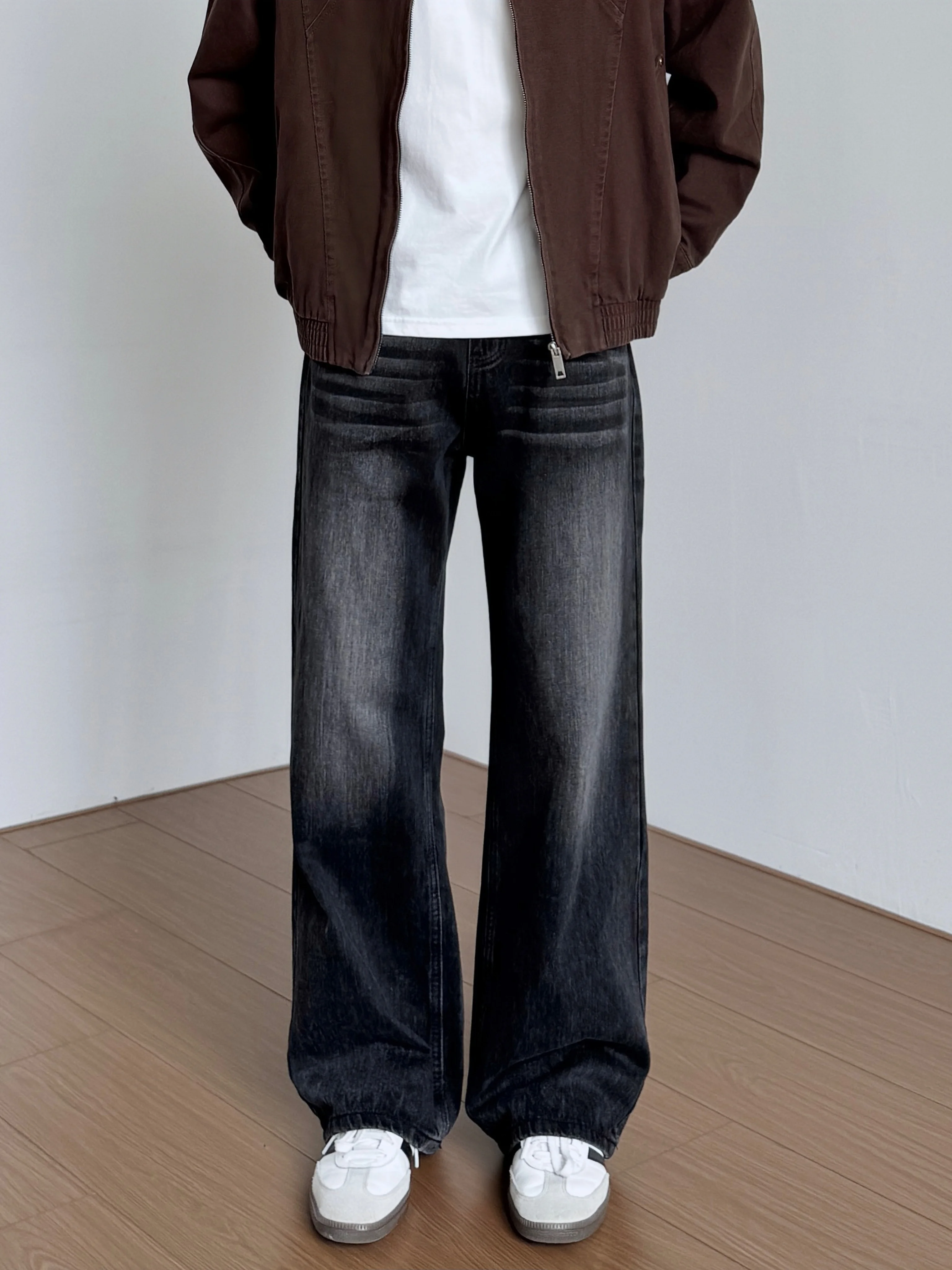 Calças Jeans Retrô Lavadas Artesanais de Perna Larga, Corte Reto e Ajuste Solto, Cinza e Preto, para Homens, Mulheres e Estudantes
