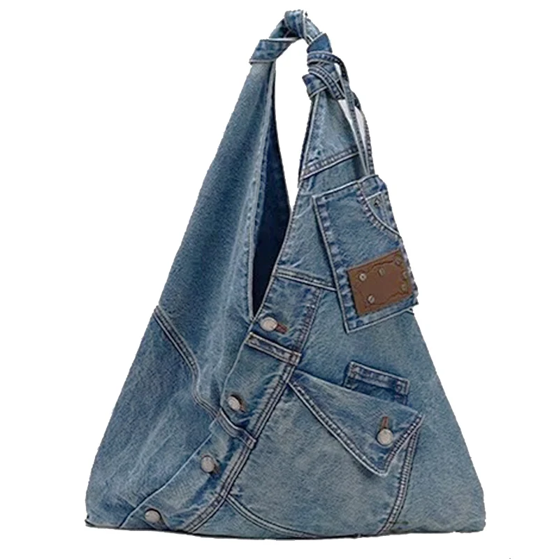 

2025 Casual Lazy Style Denim Spliced Motorcycle Denim Shoulder Bag Underarm Bag for Women