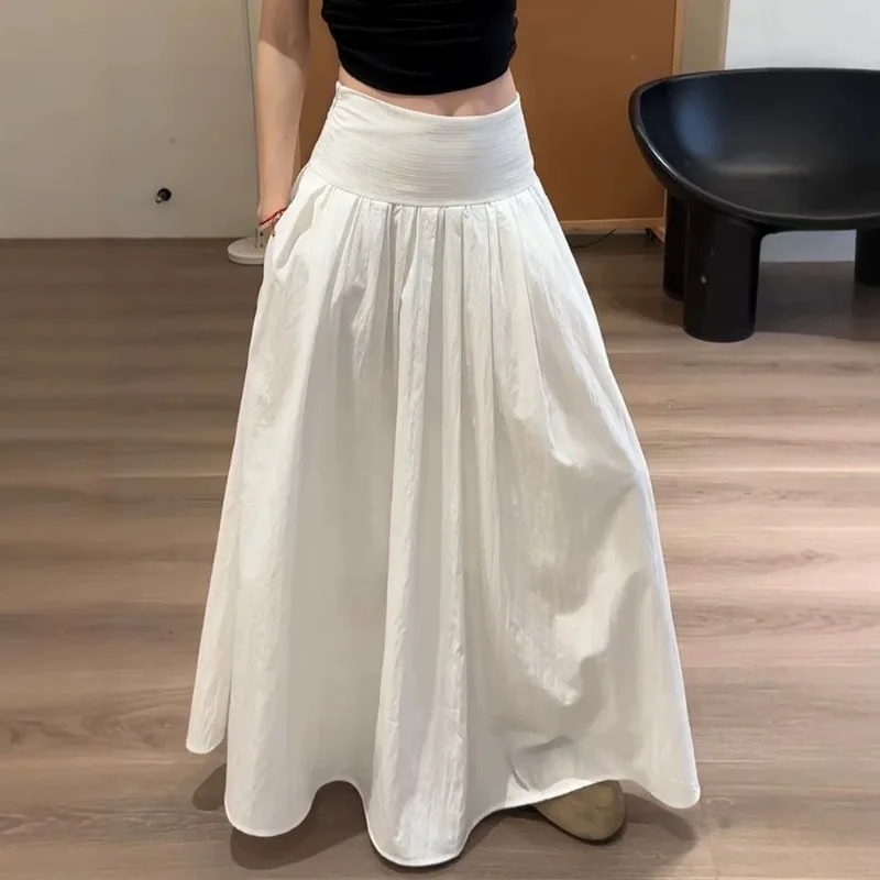 2026 New White Wrinkled High Waist A Line Large Umbrella Skirt Luxury Elegance