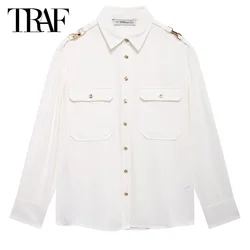 TRAF Women 2024 Shirts & Blouse Office Wear Women Autumn Winter Button White Long Sleeve Shirts Chic And Elegant Woman's Blouse