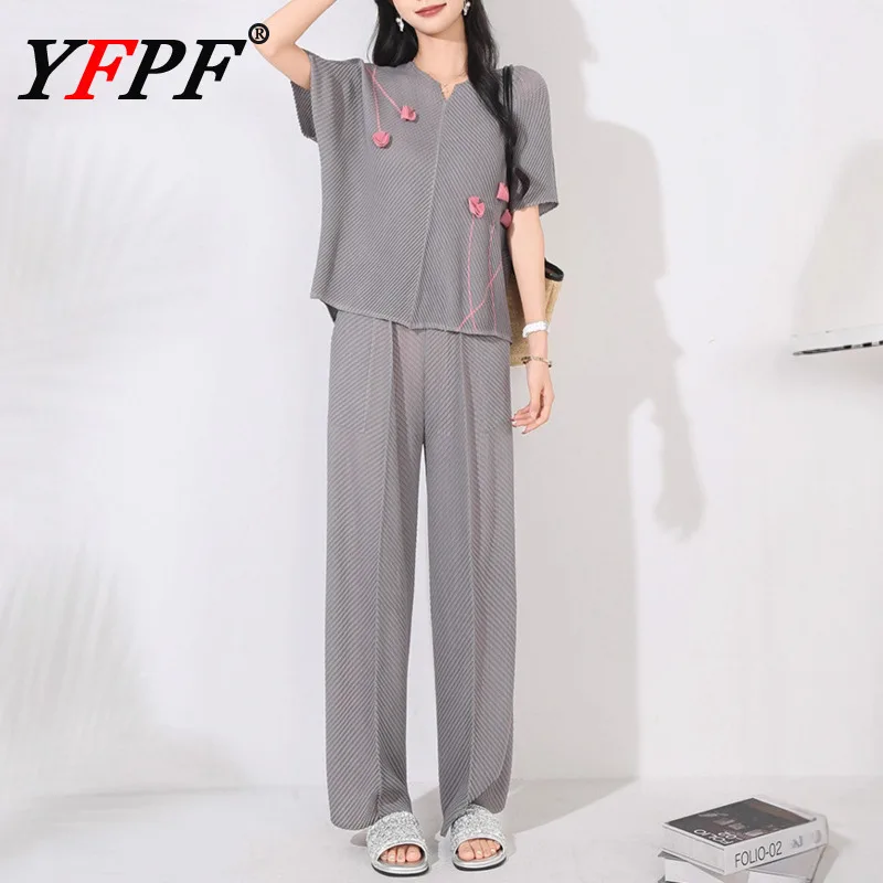 YFPF المرأة عادية مطوي قطعتين مجموعة ثلاثية الأبعاد زهرة تقسم تصميم بلوزة بلايز + السراويل الطويلة بلون موضة 2025 ملابس جديدة