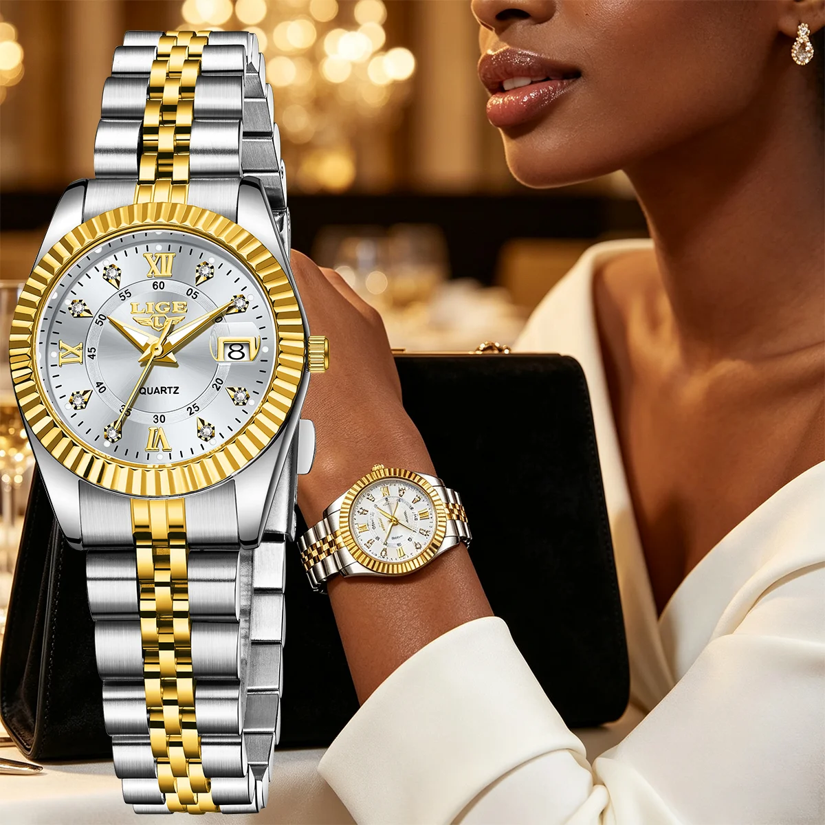 LIGE New Elegant Watch For Women Luxury Women's Diamond Bracelet Watch Simple Round Waterproof Luminous Quartz Wristwatch Femme