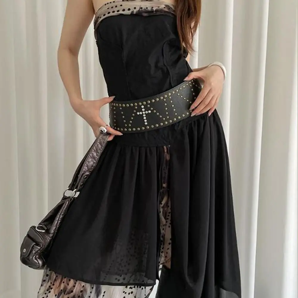 

Niche Vintage Cross Rivet Belt Y2k Wide Leather Waist Belt Heavy-Duty Black Women's Dress Belt Waist Accessories