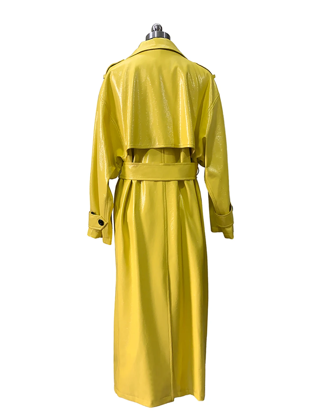 High Gloss Yellow Long Loose Casual PU Leather Jacket Women's Cool Wind 2026 New Style Leather Coat Double Button Closure