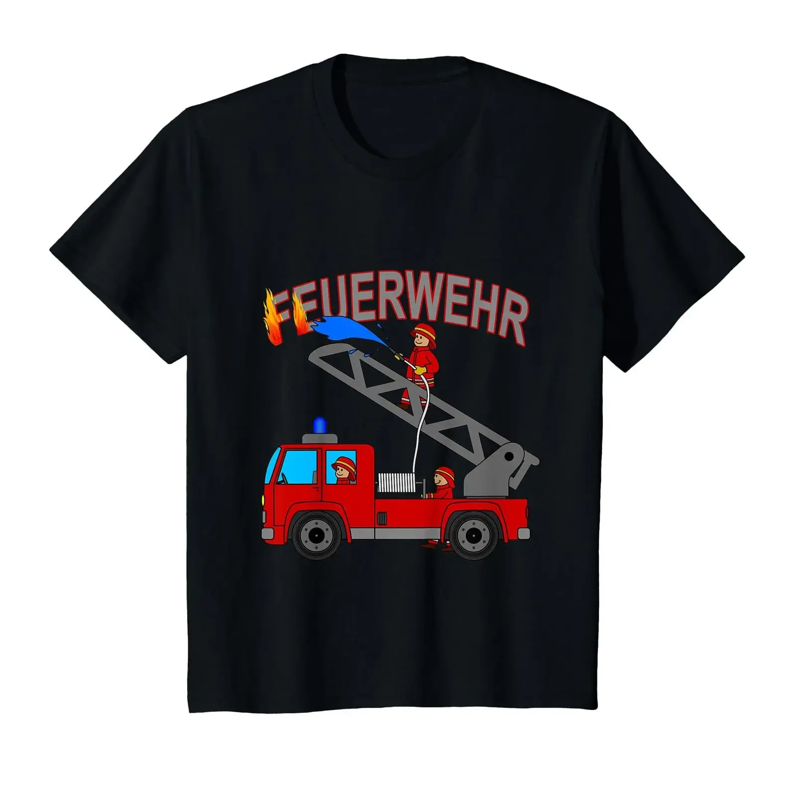 Kinder-Feuerwehrauto für den kleinen Feuerwehrmann mit Brigade-T-Shirt, schwarz, Vintage-Look, gewaschen, atmungsaktiv, weich, bequem, modisch