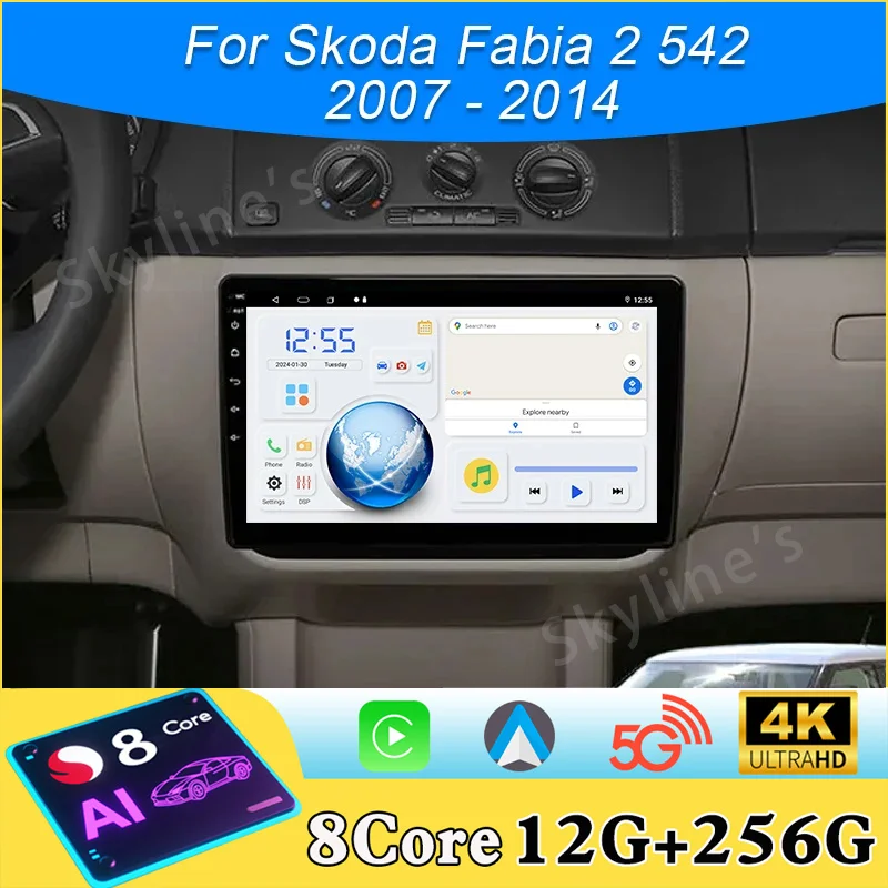 Rádio Automotivo Android para Skoda Fabia 2 542 2007 - 2014 Carplay, Reprodutor Multimídia com GPS, Som Automotivo, Tela QLED, WIFI e DSP