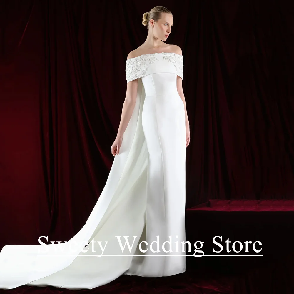 

Saud Arabian Wedding Dresses Customized Off The Shoulder Boat Neck Beading Applique with Cape Mermaid Satin Arab Bridal Gown