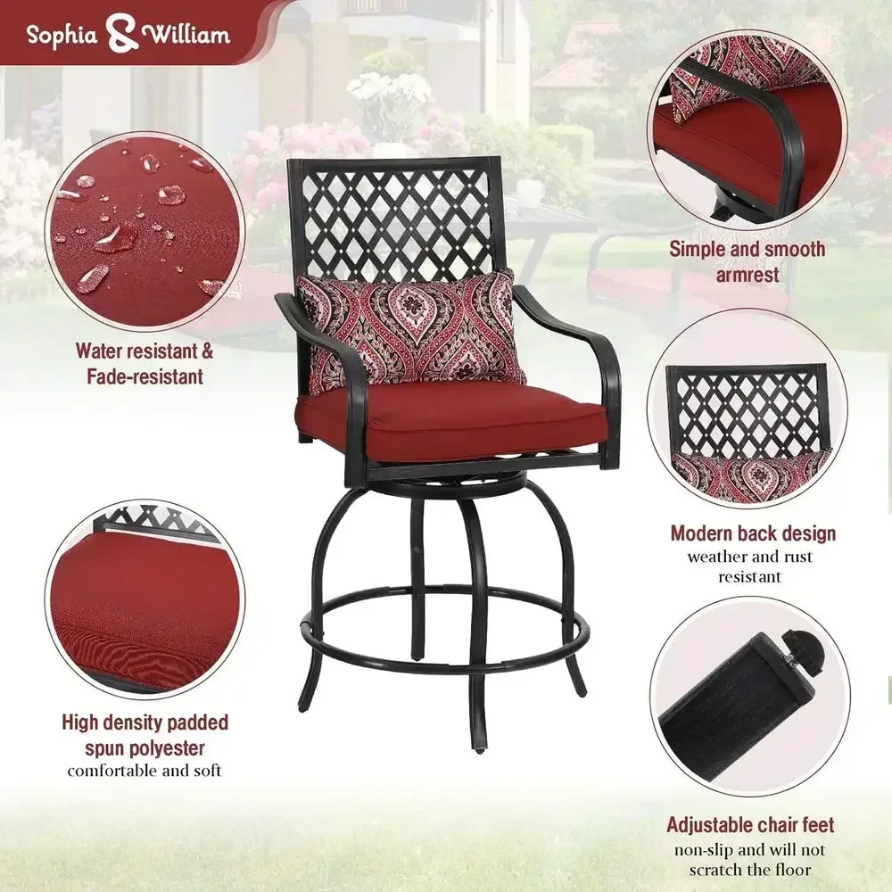 5-Piece Outdoor Patio Dining Set with 4 Swivel Bar Stools and Red Cushions, Weather-Resistant Metal Furniture for Garden and Bac