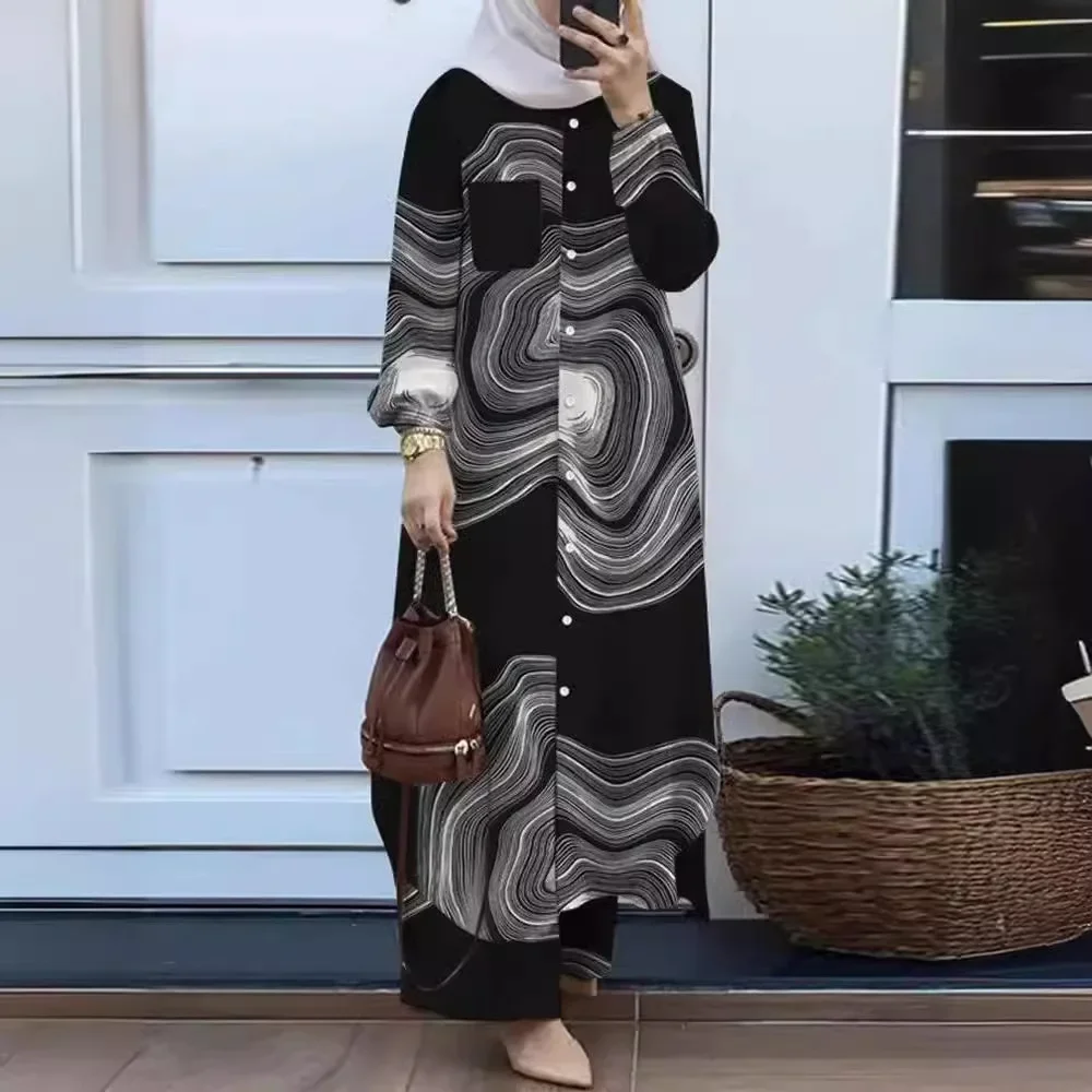 

Printing Lapel Muslim 2pcs Clothes Set Arabic Style Bubble Sleeve Shirt Dress Abaya & Pants Trousers
