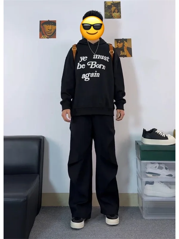 

American Style Loose Wide Leg Pants Men's Hong Kong Street Style High Waist Trousers Casual Straight Cut Black Pleated