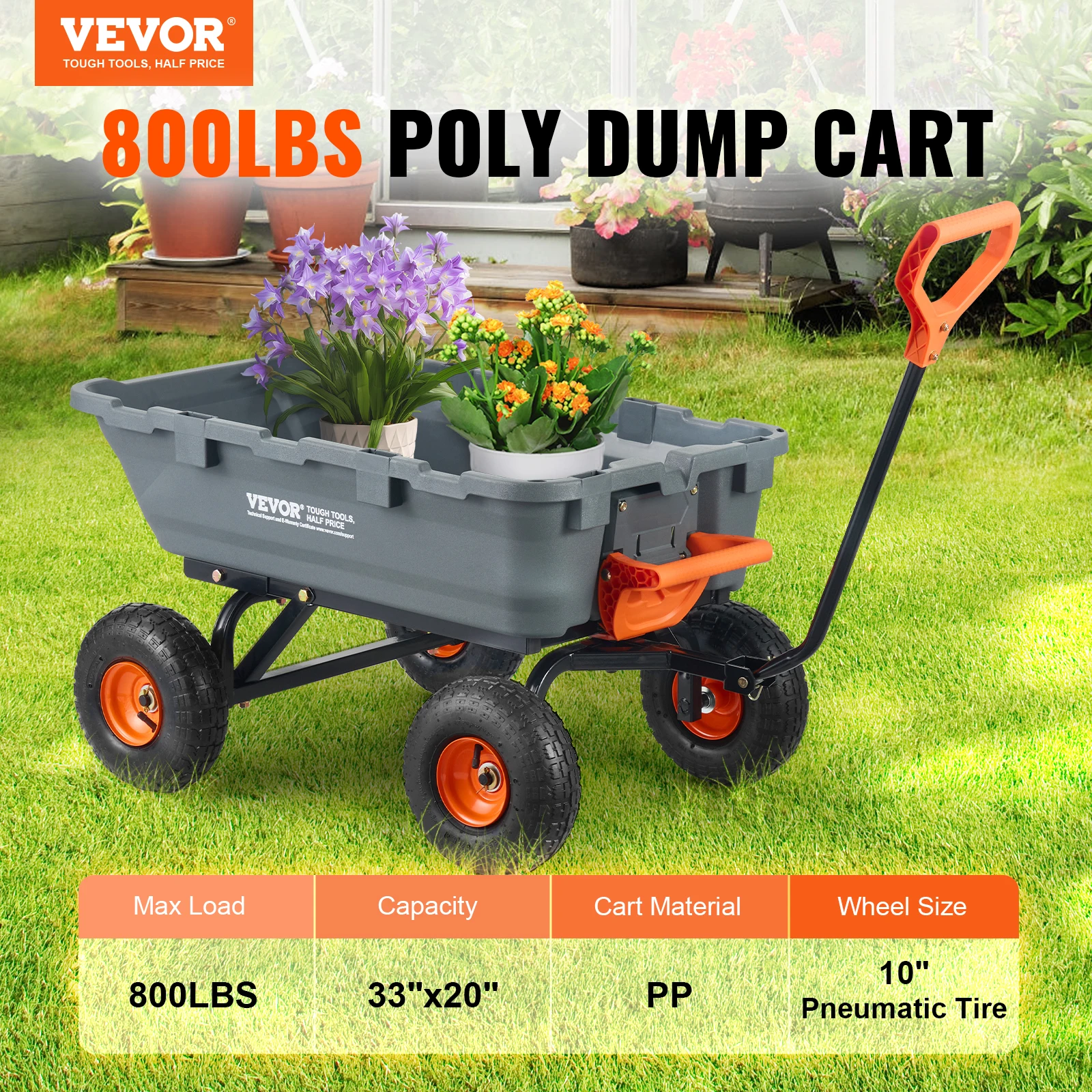 VEVOR Garden Cart Utility Barrow Carts 800lbs Load Durable Dump Carts Versatile Dump Wagon with Steel Frame&Dual-Function Handl