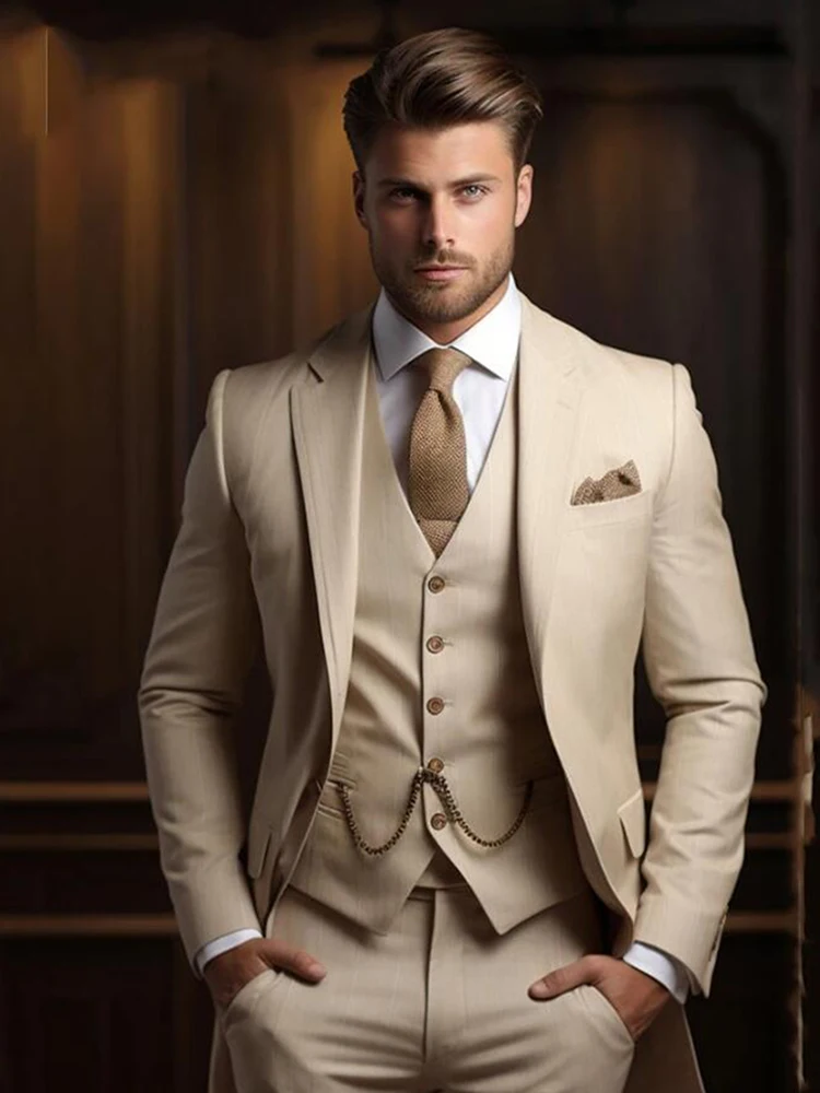 Handsome Business Suits Men For Wedding Bridegroom Champagnes Man Tuxedos Custom Made 3 Pieces Male Business Prom Blazer Sets