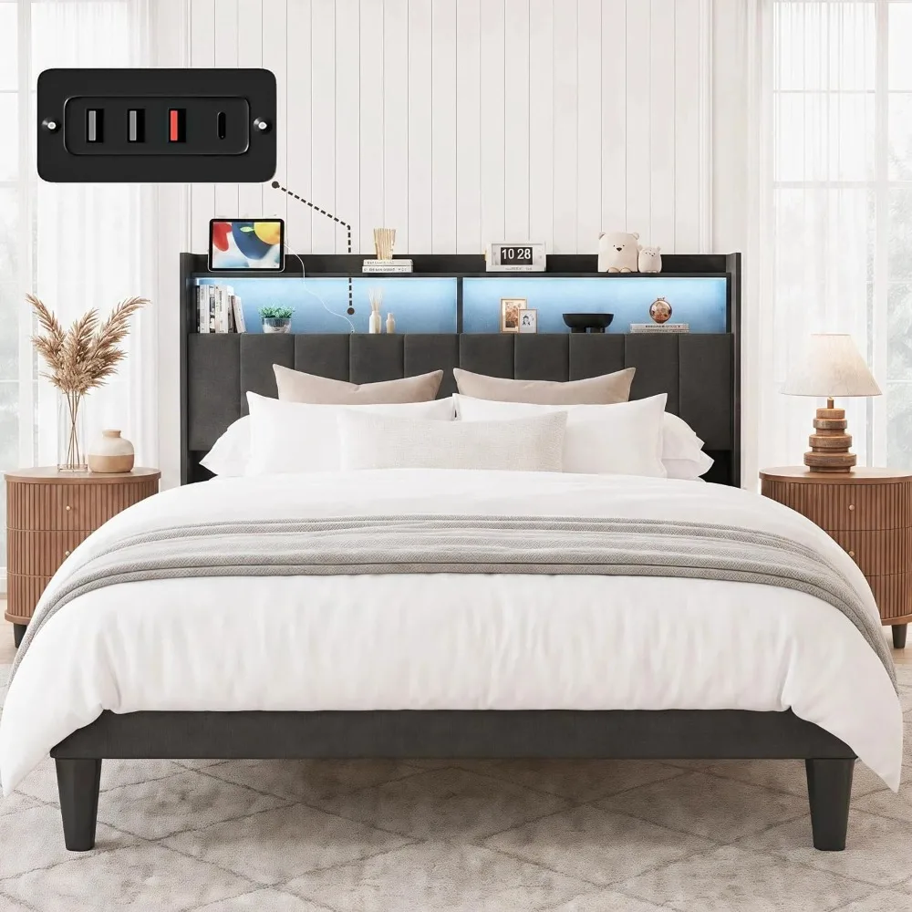 Queen Bed Frame with Upholstered Storage Wingback Headboard, Linen Fabric Modern LED Platform Bed with Power, Customized