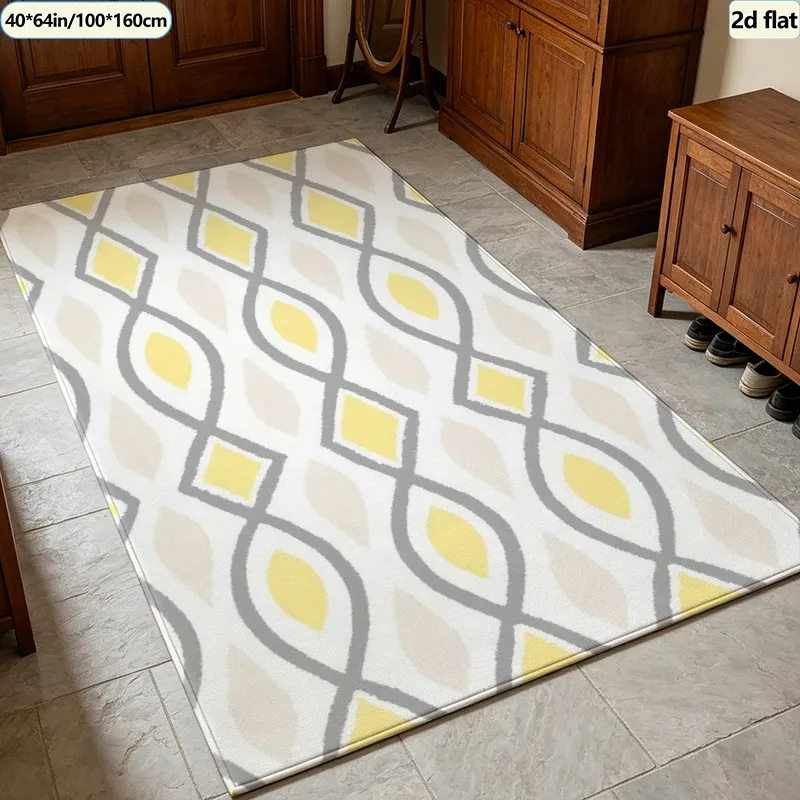 Boho Yellow Grey Eye Diamond Geometric Carpet Flooring Square Area Rug Non‑Slip Washable Floor Mat for Bedroom Home Decoration