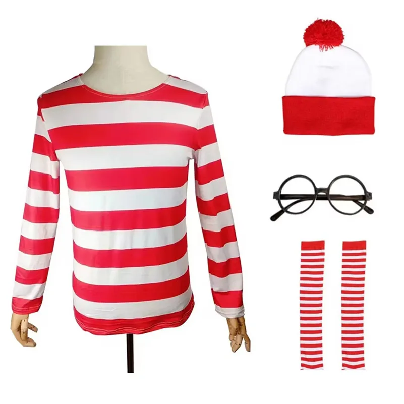 

Kids Boys Wheres Waldo Cosplay Costume Striped Shirt Youth Wally Costume Shirt Glasses and Hat Socks Unisex Adults Halloween