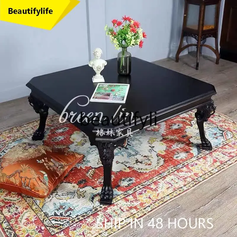 

A53 French retro light luxury square coffee table solid wood living room coffee table carved casual coffee table