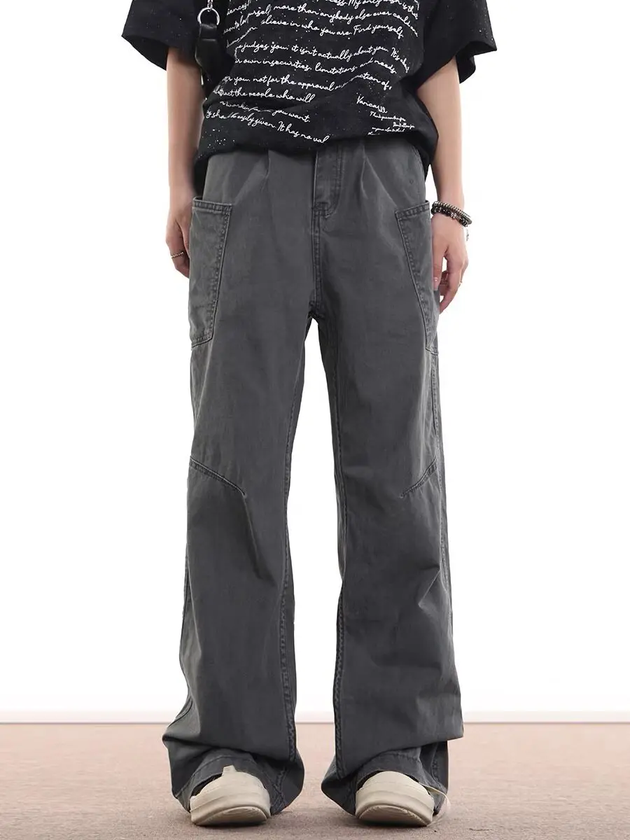American Style Vintage Grey Work Pants Men's Slim Straight Leg Jeans Multi Pocket Slimming Long Trousers Casual Fashion