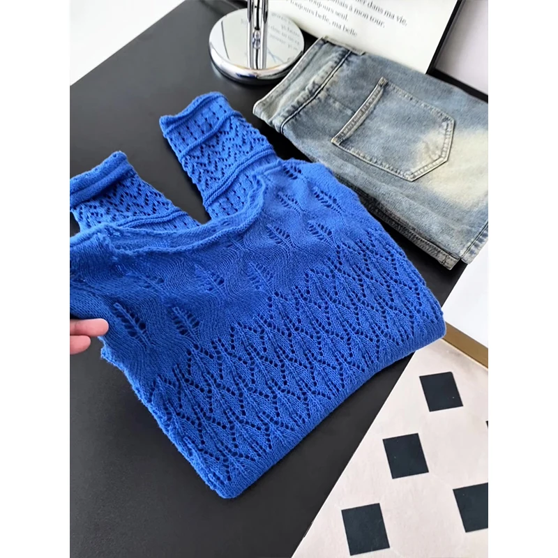 Ele 透かし編みニット ロングスリーブ レディース トップス ルーズフィット 快適 スリーク ブルー カジュアル 秋冬用