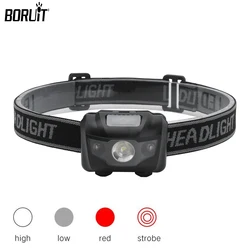 BORUiT Mini LED Headlamp With Red Light AAA Battery Power Headlight 4-Mode Waterproof Work Head Torch Camping Search Flashlight