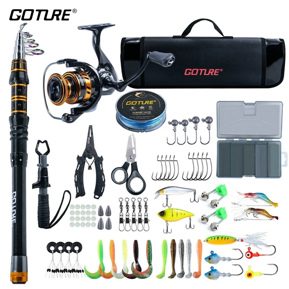 Goture Telescopic Carbon Fishing Rod Spinning Reel Combo Full Kit Lures Hooks Fishing Line Pliers Carry Bag Travel Fishing Set